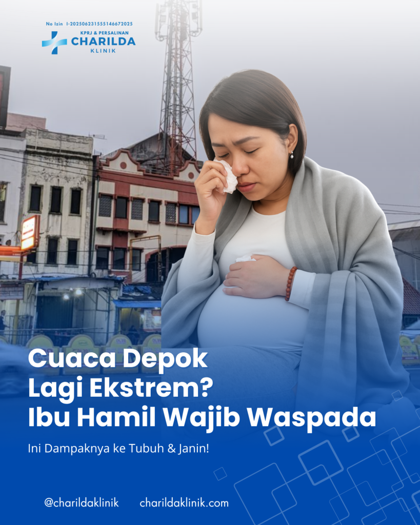 Ibu hamil berjalan di tengah cuaca hujan Depok dengan payung